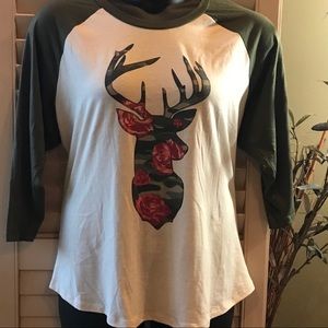 Camo / Rose Deer Raglan Shirt NWOT